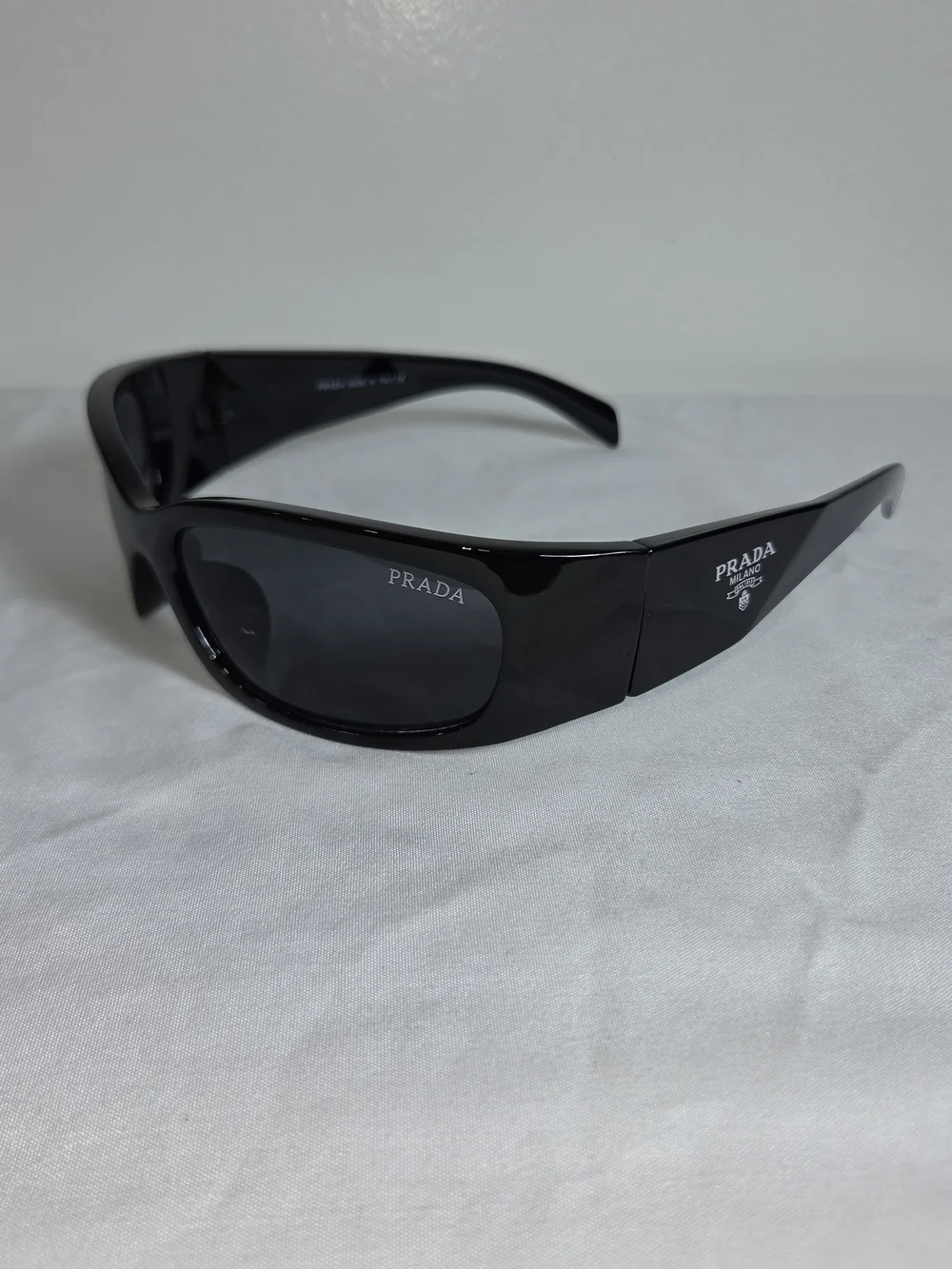 Prada Black Gloss Wrap Sunglasses with Dark Gray Lenses